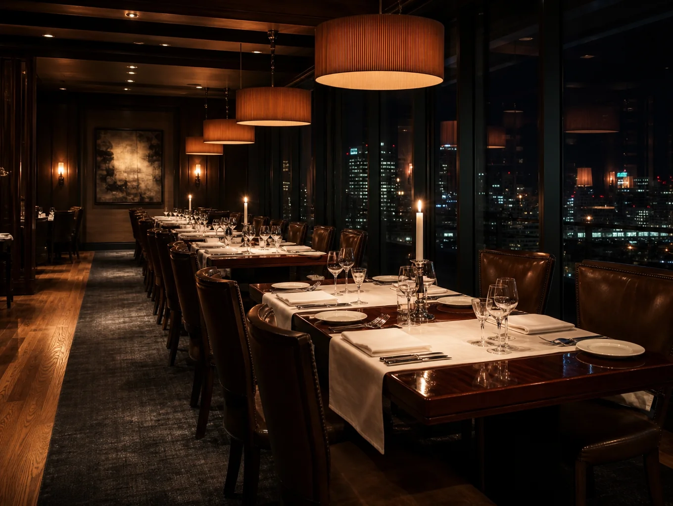 Elegant candlelit dining room with warm ambient lighting
