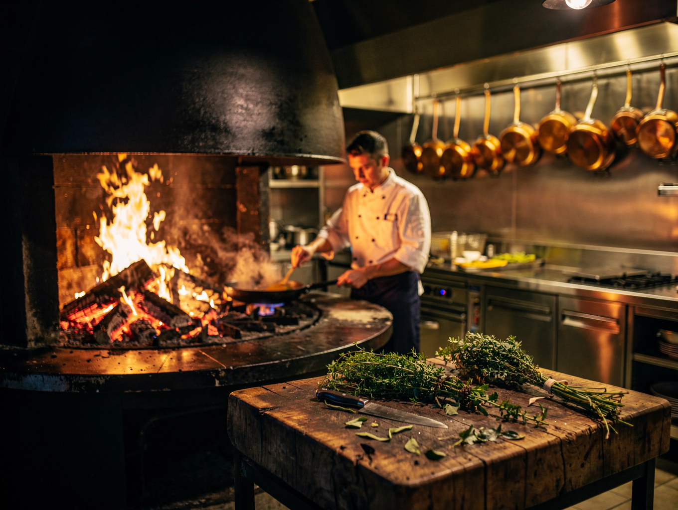 Chef cooking over open hearth in restaurant kitchen