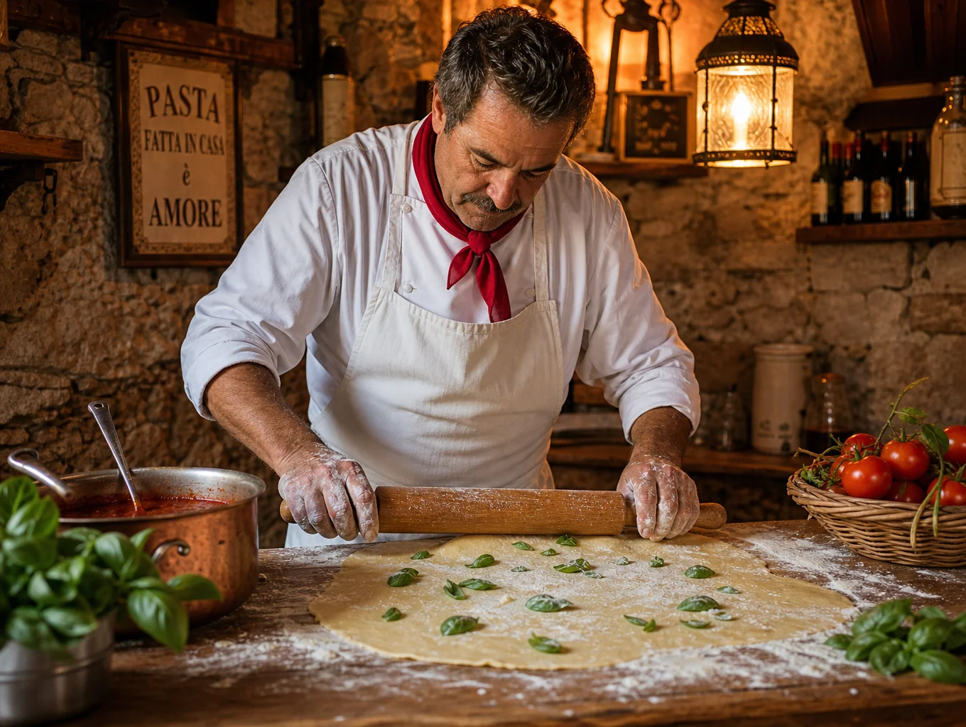 Chef preparing fresh hand-rolled pasta in kitchen