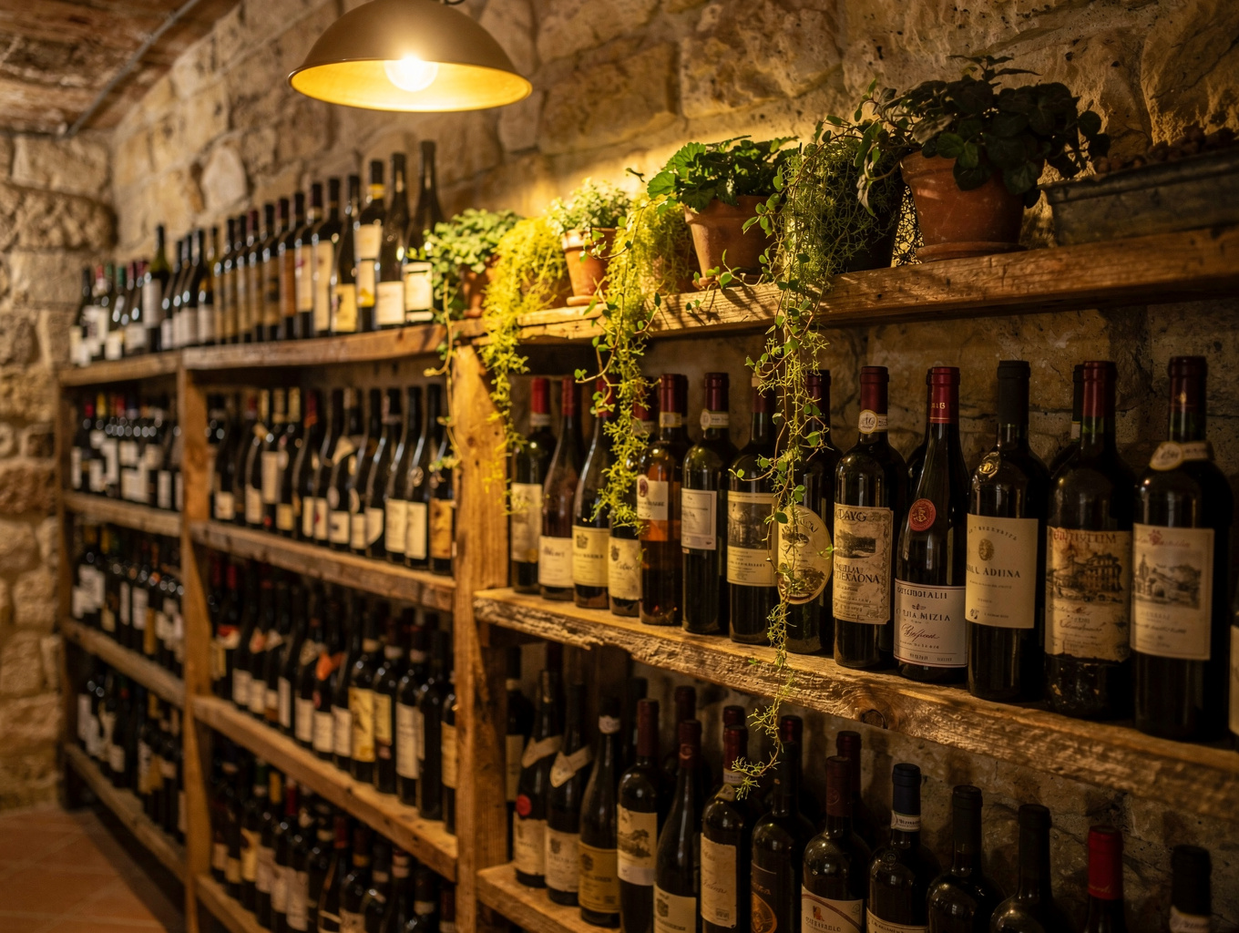 Private wine cellar with stone walls and vintage bottles