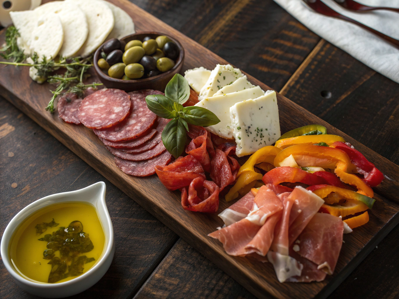 Colorful antipasti platter with cured meats and vegetables