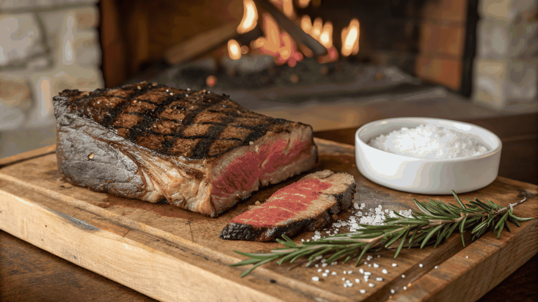 Perfectly seared steak on a rustic serving board