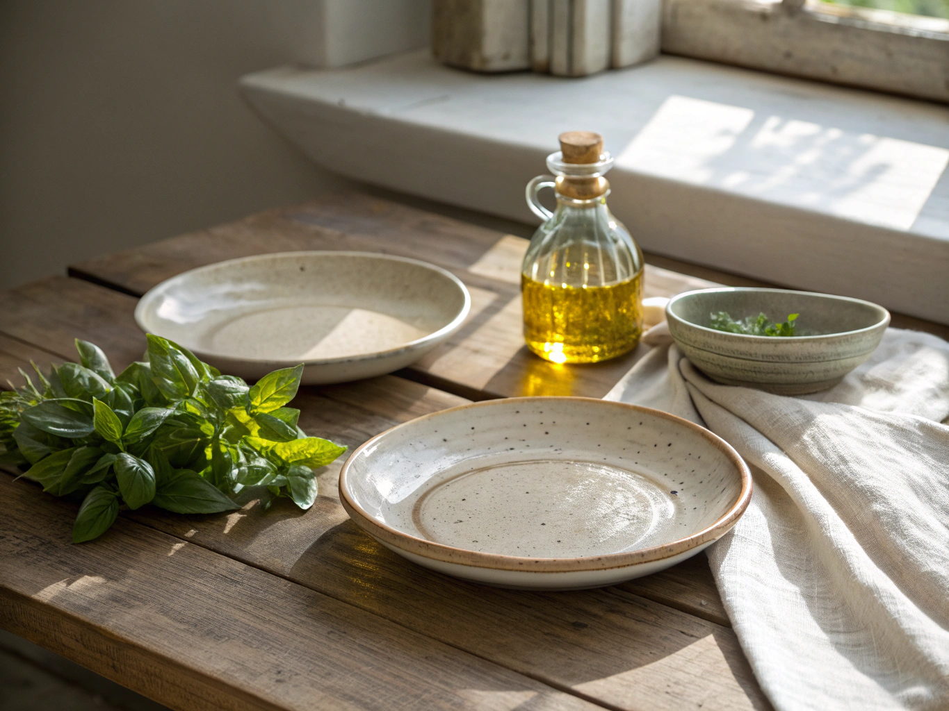 Handcrafted ceramic plates on a rustic wooden table