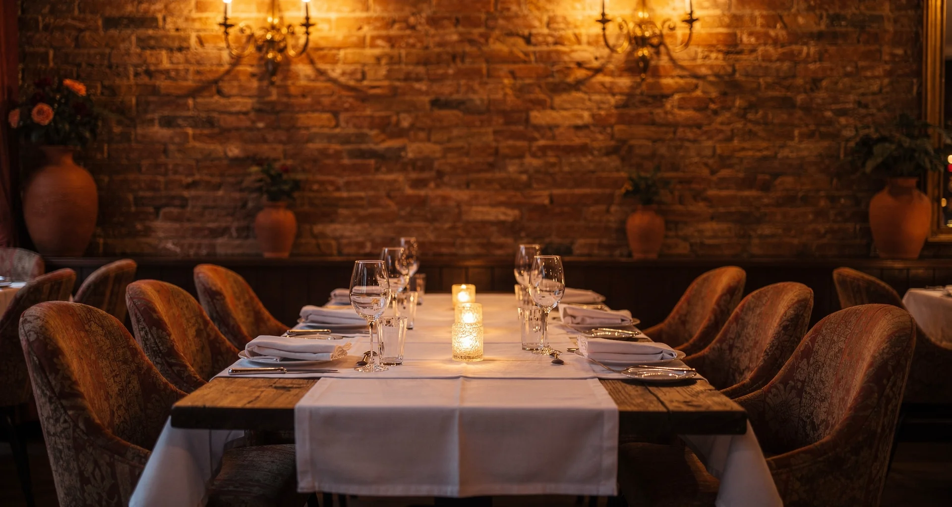 Elegant dining room with warm lighting and stone textures