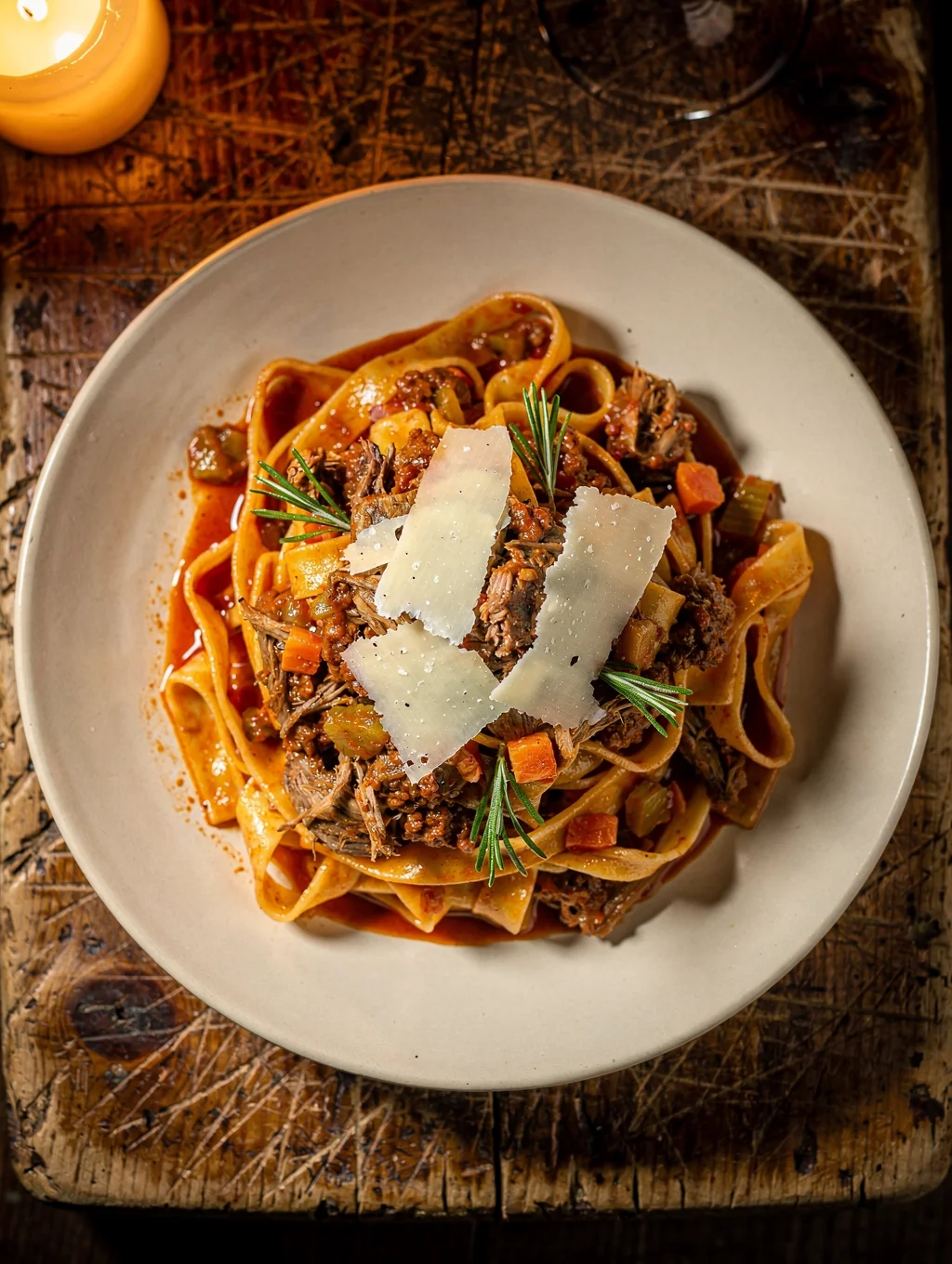Freshly prepared tagliatelle pasta with rich ragu sauce