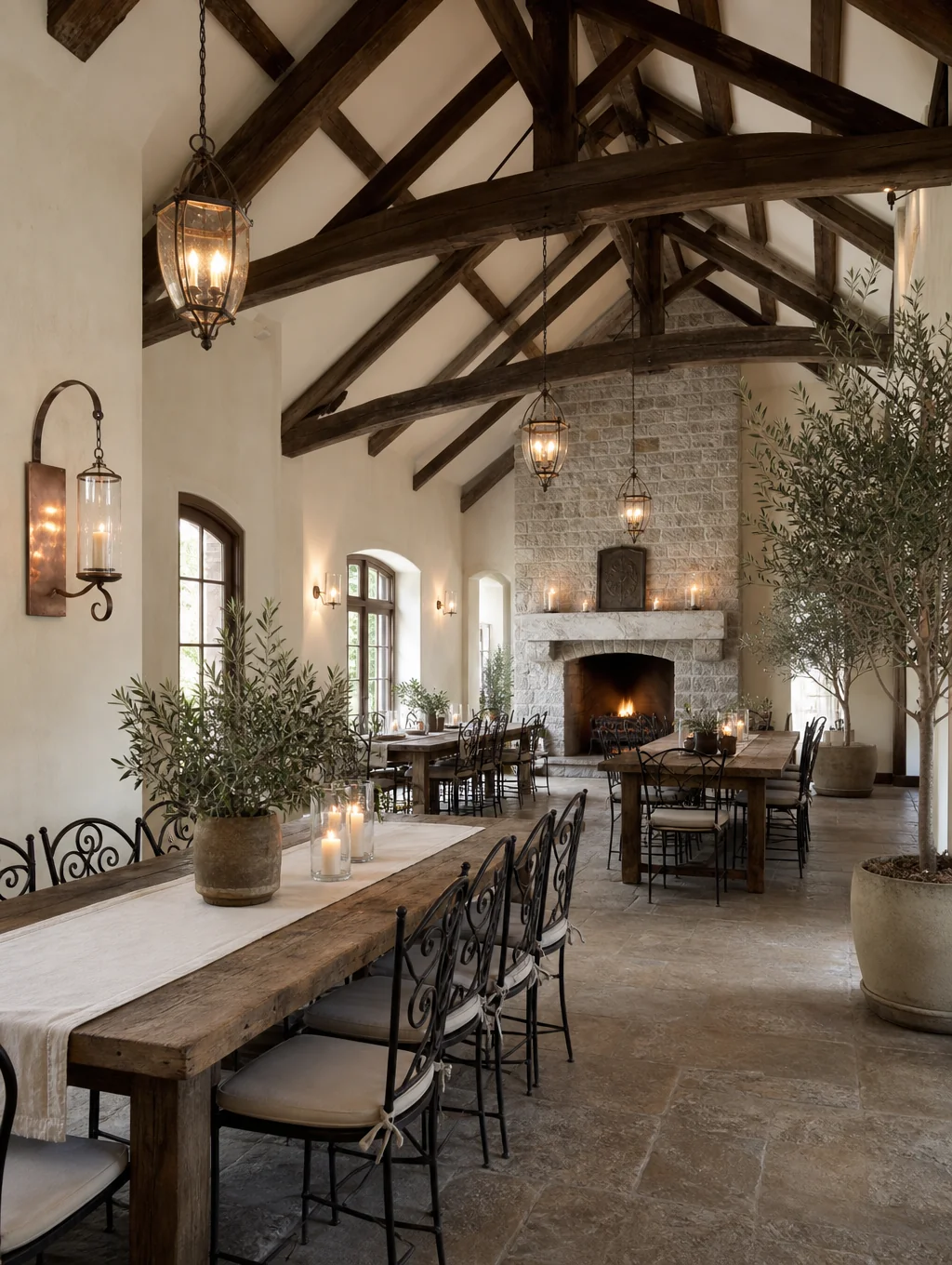 Warm, candlelit dining room at CUCINA with open hearth and rustic decor