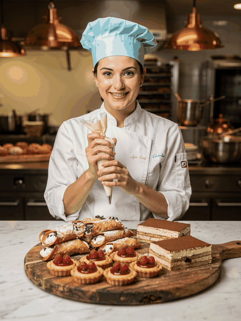 Pastry Chef Elena Bianchi plating an Italian dessert
